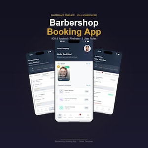 Puede incluir: Tres smartphones que muestran la interfaz de una aplicación de reserva de barbería. La aplicación presenta un tema oscuro con acentos blancos y morados, mostrando la programación de citas, perfiles de usuario y opciones de servicio. El texto incluye "Barbershop Booking App" y "Flutter App Template."