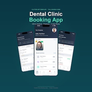 May include: A mobile app interface for a dental clinic booking system. The app displays appointment details, team information, and service options. The design features a clean, modern layout with a teal background and white text.