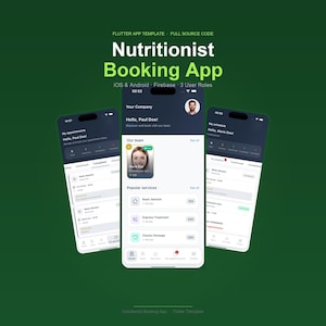 Op de afbeelding: Een mobiele app-interface voor een voedingsdeskundige boekingsservice. De app toont afspraakplanning, gebruikersprofielen en service-opties. De titel van de app is "Nutritionist Booking App" met de tekst "Flutter App Template - Full Source Code".