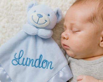 Personalised Embroidered Blue Bear Fleece and Silky Baby Blankie Comforter