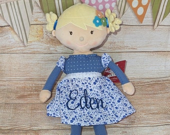 Personalised Embroidered Rag Doll, Skye, Bonikka, Baby, gift,  New Baby, Stuffed, Soft Toy, Keepsake, Christening, Wedding, Birthday