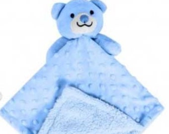 Personalised Embroidered Blue Fleece Bear Baby Blankie Comforter