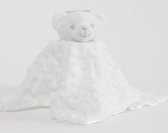 Personalised Embroidered White Bear Fleece and Silky Baby Blankie Comforter