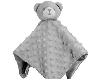 Personalised Embroidered Grey Bear Fleece and Silky Baby Blankie Comforter