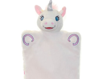 Personalised White Unicorn Baby Puppet Blankie Comforter