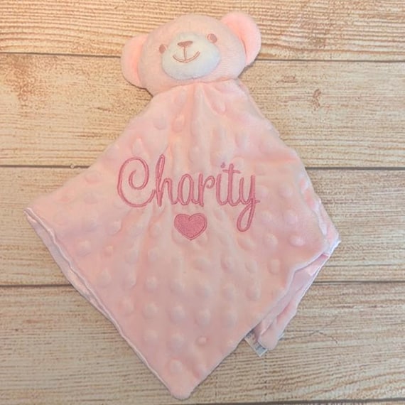 Personalised Embroidered Pink Bear Fleece and Silky Baby Blankie comforter
