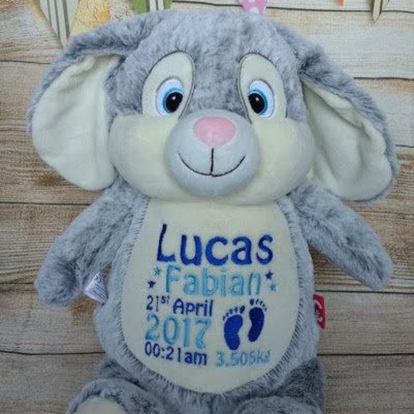 Personalised Embroidered Grey Bunny Rabbit, Cubbies, Baby, gift, New Baby, Animal, Keepsake, Christening, Wedding, Birthday, Christmas