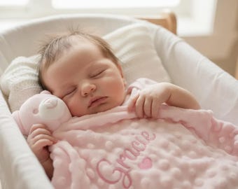Personalised Embroidered Pink Bear Fleece and Silky Baby Blankie comforter