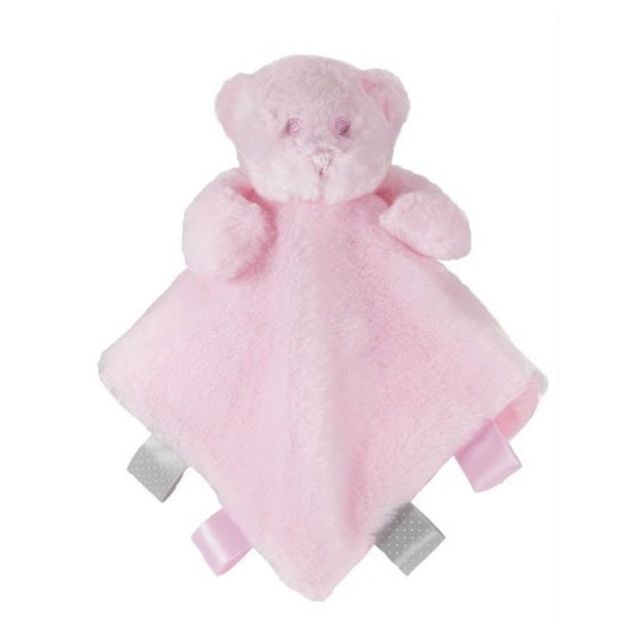 Personalised Embroidered Pink Bear Baby Blankie Comforter with Ribbon Tags