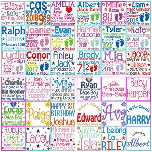 May include: A colorful chart with 20 squares, each featuring a personalized baby announcement with a name, date, time, and weight. The squares are decorated with stars, hearts, and footprints.