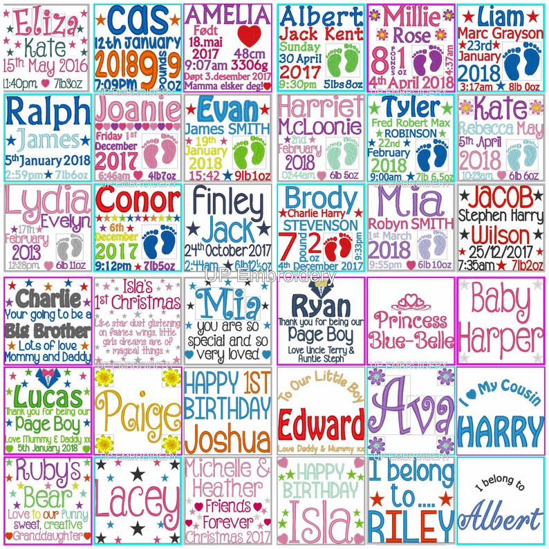 May include: A colorful chart with 20 squares, each featuring a personalized baby announcement with a name, date, time, and weight. The squares are decorated with stars, hearts, and footprints.