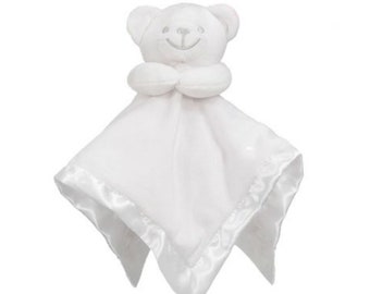Personalised Embroidered White Bear Fleece and Silky Baby Blankie Comforter