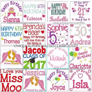 May include: A collection of 10 colorful embroidery designs for various occasions, including birthdays, anniversaries, and special events. The designs feature names, ages, and celebratory messages.