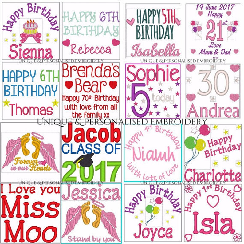 May include: A collection of 10 colorful embroidery designs for various occasions, including birthdays, anniversaries, and special events. The designs feature names, ages, and celebratory messages.