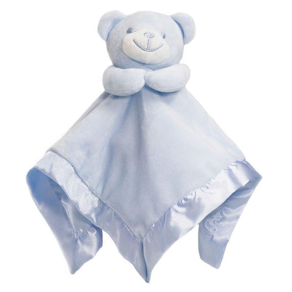 Personalised Embroidered Blue Bear Fleece and Silk Baby Blankie Comforter