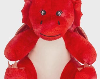 Personalised Printed Red Dragon Dinosaur Soft Toy • Prehistoric Nursery Decor • Cuddly Plush • Baby Shower Gift •  Wales, Welsh Dragon