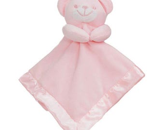 Personalised Embroidered Pink Bear Fleece and Silky Baby Blankie Comforter