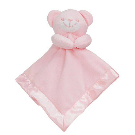 Personalised Embroidered Pink Bear Fleece and Silk Baby Blankie Comforter