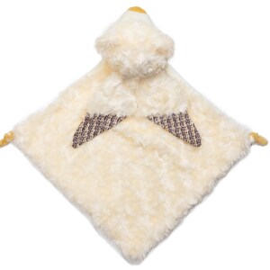 May include: A white plush baby blanket with a yellow and brown bird head and wings. The blanket is soft and cuddly, perfect for a baby's comfort.