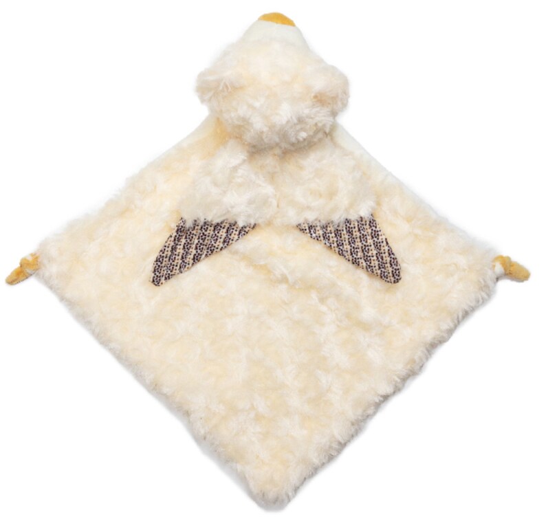 May include: A white plush baby blanket with a yellow and brown bird head and wings. The blanket is soft and cuddly, perfect for a baby's comfort.