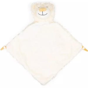 May include: A white plush security blanket with a lion head attached. The lion has a yellow nose and mouth and brown eyes.