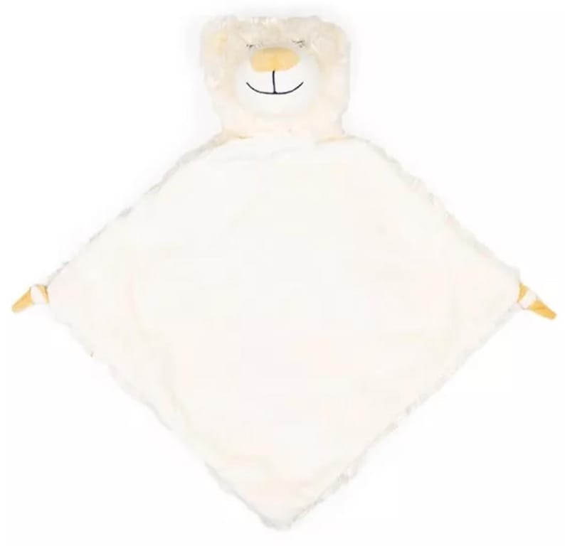 May include: A white plush security blanket with a lion head attached. The lion has a yellow nose and mouth and brown eyes.