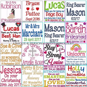 May include: A collage of colorful embroidered designs for various occasions, including weddings, christenings, birthdays, and other celebrations. The designs feature text such as "Best Man", "Ring Bearer", "Stay Strong", and "Diamond Wedding".