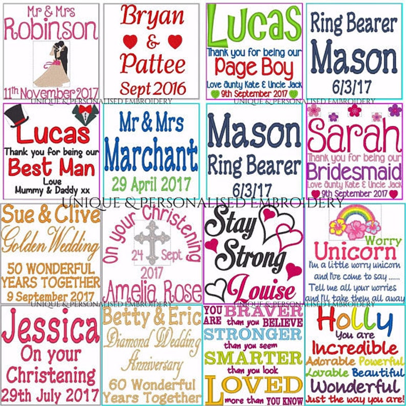 May include: A collage of colorful embroidered designs for various occasions, including weddings, christenings, birthdays, and other celebrations. The designs feature text such as "Best Man", "Ring Bearer", "Stay Strong", and "Diamond Wedding".