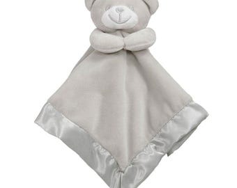Personalised Embroidered Grey Bear Fleece and Silky Baby Blankie Comforter