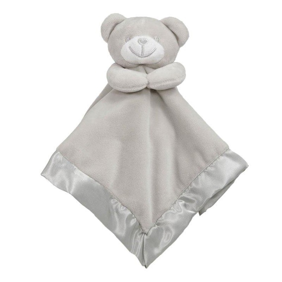 Personalised Embroidered Grey Bear Fleece and Silk Baby Blankie Comforter