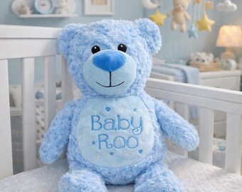 Personalised Embroidered Blue Teddy Bear • Soft Plush Cuddly Toy • Baby Gift • Nursery Keepsake • Christening or Birthday Present