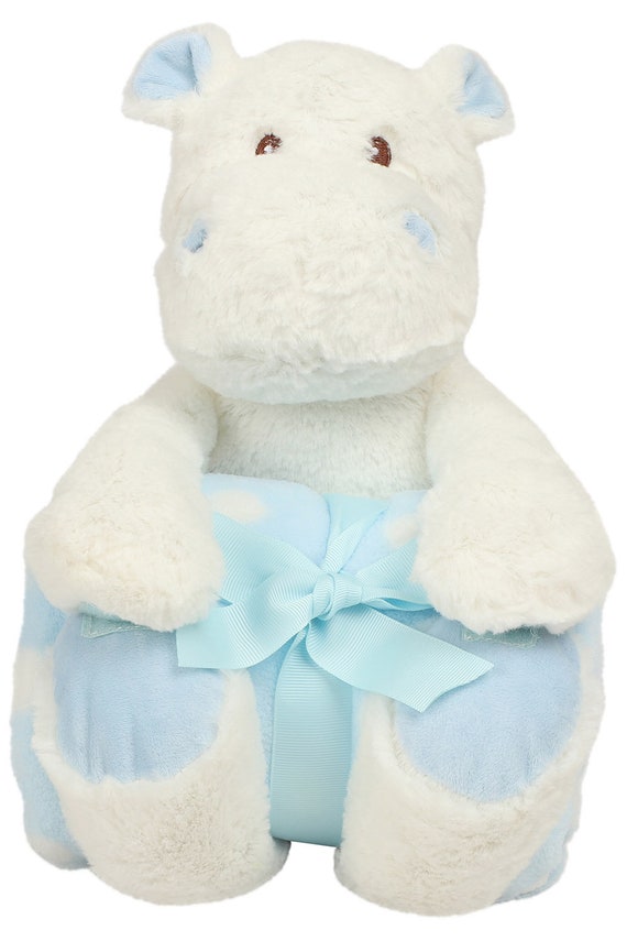 Personalised Embroidered  Blue Spot baby blanket and hippo set,