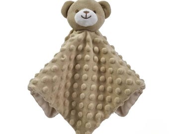 Personalised Embroidered Caramel Bear Fleece and Silky Baby Blankie Comforter