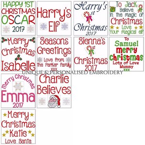May include: A collection of 10 personalized Christmas embroidery designs featuring names like Oscar, Harry, Isabelle, Emma, and Katie. Each design includes festive elements like snowflakes, candy canes, and Christmas trees.