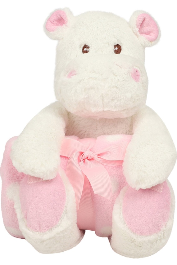 Personalised Embroidered  Pink Spot baby blanket and hippo set