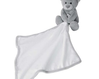 Personalised Embroidered Grey Bear Blankie • Soft Baby Comforter • Birthday, Baby Shower or Christening Gift