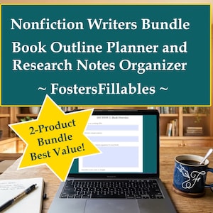 May include: A laptop displays a book outline planner. The image includes a coffee mug, a notebook, and a pen. Text on the screen reads "SECTION 1: Book Overview". The image also includes text that says "Nonfiction Writers Bundle" and "2-Product Bundle Best Value!"