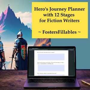 May include: A laptop displaying a "Hero's Journey Planner" for fiction writers, with a background of two knights and a mountain range. The text on the screen includes prompts for story development. A pen and notebook are on the wooden desk.