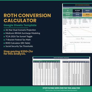 Peut inclure: Un modèle de planification financière numérique intitulé "Calculateur de conversion Roth" et intitulé "Modèle Google Sheets". L'image comprend des graphiques, des tableaux et un tableau de bord, avec le texte "Arrêtez de payer 200 €+/h pour cette analyse."