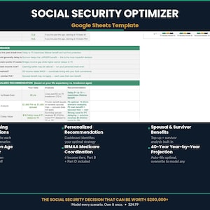 May include: A dark blue graphic with the text "SOCIAL SECURITY OPTIMIZER" and "Google Sheets Template." The image includes a spreadsheet with financial data, and bullet points describing features like "Personalized Recommendation" and "40-Year Year-by-Year Projection."