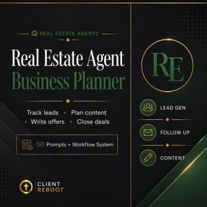 Może przedstawiać: Ciemnozielona i czarna grafika z tekstem "Real Estate Agent Business Planner". Planer zawiera podpowiedzi, system obiegu pracy oraz sekcje do śledzenia leadów, planowania treści, pisania ofert i zamykania transakcji. Logo zawiera litery "RE."