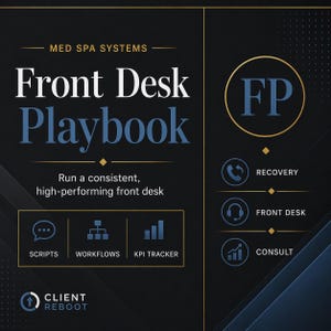 Peut inclure: Graphique promotionnel pour le Front Desk Playbook de Med Spa Systems. Le design présente le titre en gros caractères blancs et bleus. Des icônes représentent les scripts, les flux de travail et le suivi des KPI. Le texte supplémentaire comprend : "Gérer un accueil performant et constant."