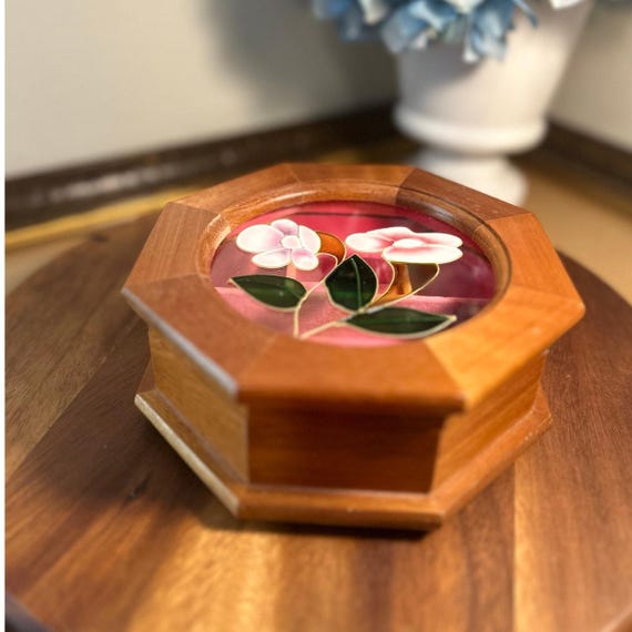 Mele 1970s Wood Stained Glass Floral Jewelry Box