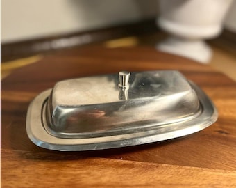 MCM Stainless Steel Lidded Butter Dish Glass Insert