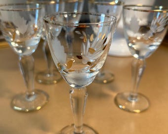 Crystal Cordial Glasses Etched Gold Gilt Thistle Pattern -Romania