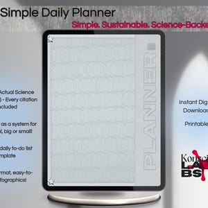 May include: A digital daily planner template displayed on a tablet screen. The interface features a light gray background with a repeating circle pattern, a vertical sidebar labeled PLANNER, and text including Simple Daily Planner, Simple. Sustainable. Science-Backed.