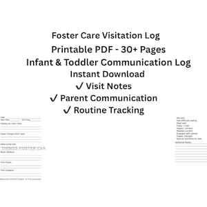 Könnte beinhalten: Ein druckbares PDF-Format für ein Pflegebesuchsprotokoll. Es enthält Abschnitte für Besuchsnotizen, Elternkommunikation und Routinenachverfolgung. Konzipiert für die Kommunikation mit Säuglingen und Kleinkindern, sofortiger Download.