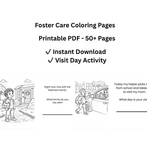 Peut inclure: Pages de coloriage en noir et blanc pour les familles d'accueil, avec des illustrations d'enfants et de maisons. Le texte comprend "Pages de coloriage pour familles d'accueil", "PDF imprimable - 50+ pages" et "Téléchargement instantané."