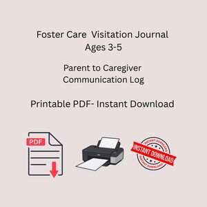 Könnte beinhalten: Ein druckbares PDF mit dem Titel "Besuchsprotokoll für Pflegefamilien" für Kinder im Alter von 3-5 Jahren, mit einem "Kommunikationsprotokoll für Eltern und Betreuer". Das Bild enthält ein PDF-Symbol, einen Drucker und ein rotes "Sofort-Download"-Siegel.