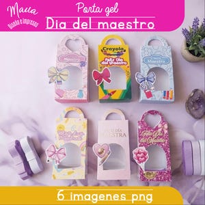 Puede incluir: Colección de seis cajas de regalo decorativas con asa y ventana, diseñadas para el Día del Maestro. Cada caja presenta un diseño único con lazos, corazones y el texto "Dia del Maestro" y "Feliz Dia". Las cajas son de varios colores.
